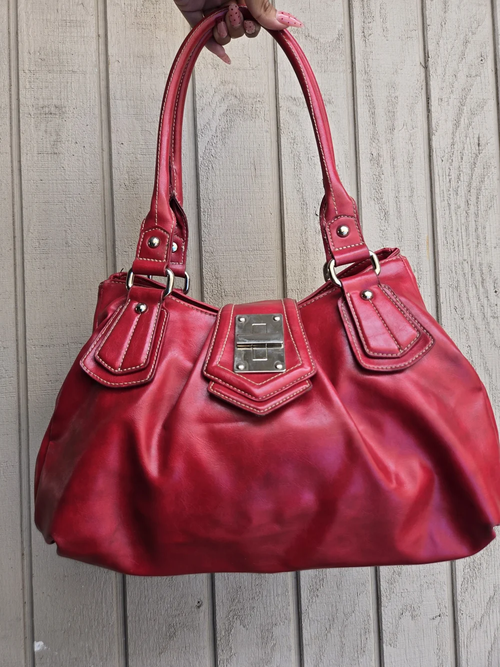 Vintage Red Women's Satchel Handbag with Silver Lock Detail